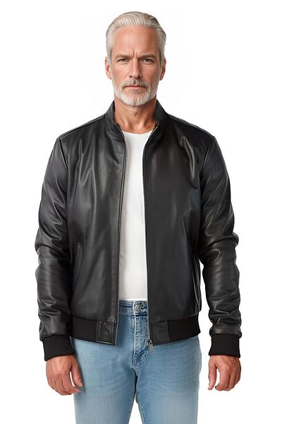 By Marki Marki Men's Genuine Leather Jacket - Black Zippered Leather Knitwear with Stitching Detail 70 cm