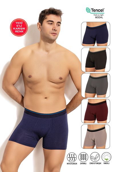 ÖZKAN underwear Özkan 11256 - Πακέτο 5 ανδρικών σορτς μπόξερ, διάφορα χρώματα, ύφασμα υψηλής ποιότητας - Modal βαμβακερό εύκαμπτο και μαλακό
