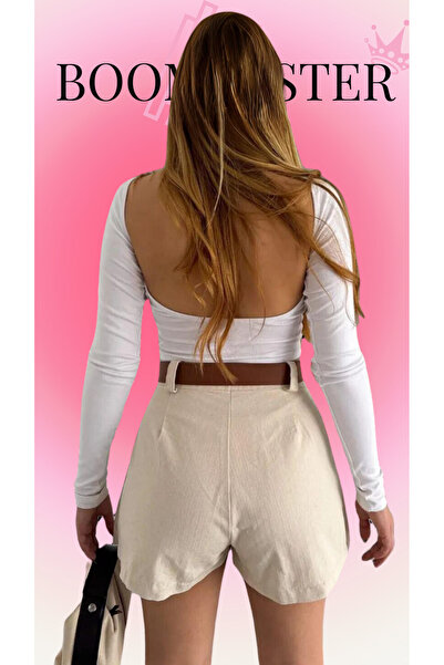 BoomBester Fusta scurtă din gabardină din bumbac premium cu centură bej