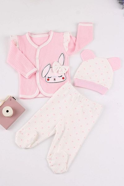 NEGİYYİM Pink Heart and Rabbit Baby Girl Set 0-2 Months