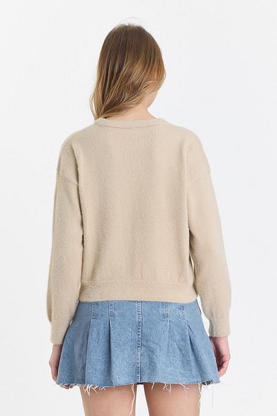 odelon Women's Crew Neck Bearded Plain Knitwear Beige
