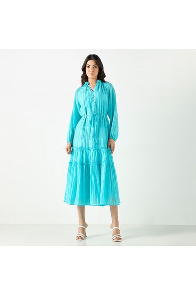 Iconic Floral Accent Tiered Dress With Volume Sleeves