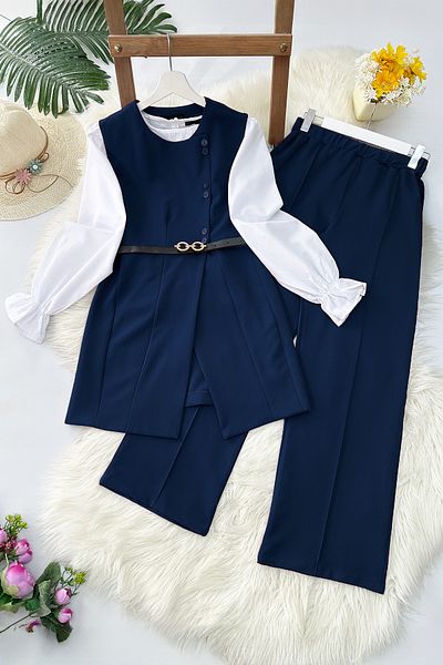 MODAQU Navy Blue Vest Pants Belt Set