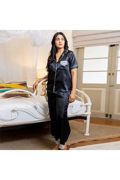 Aadaraya Sateen Shirt And Pyjama Set With Lace Detail