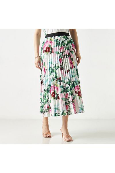 2Xtremz Floral Print Pleated Midi A-line Skirt With Elasticated Waistband