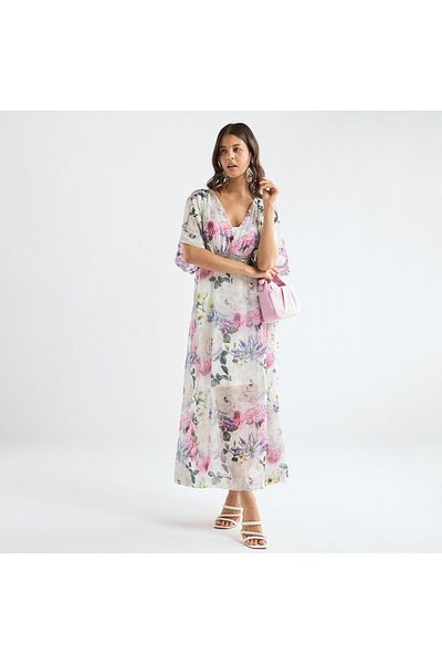 FAV All-over Floral Print V-neck Dress With Tie-up Belt