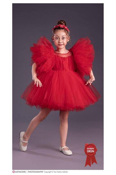 RAPAPA Girl's Tutu Skirt, Puffy Sleeves, Komotini Crown Evening Dress Red 1662