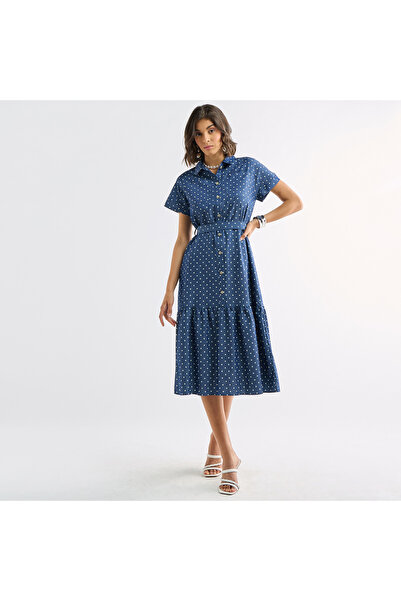 FAV Polka Dot Print Shirt Dress With Pockets And Tie-up Detail