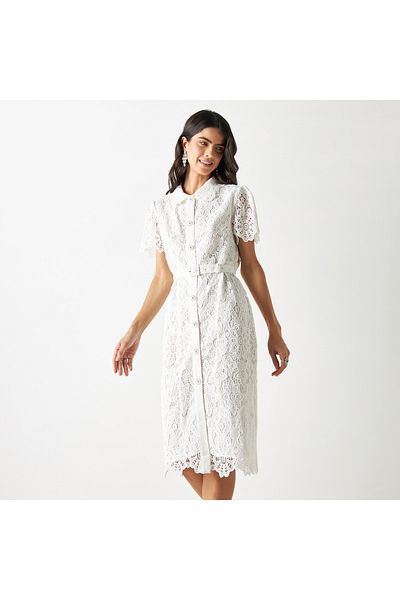 Iconic Floral Lace Textured Midi Shirt Dress With Short Sleeves