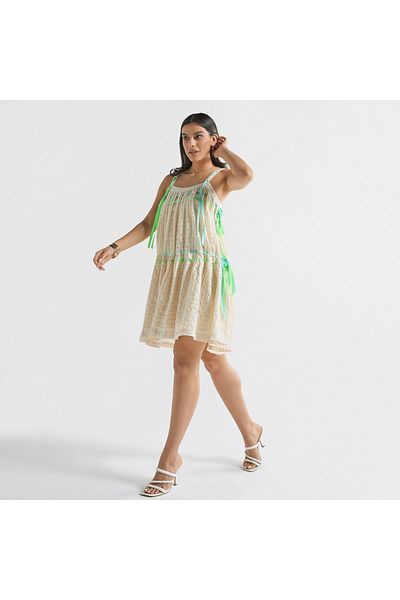 FAV Textured Strappy Mini Dress With Lace Detail