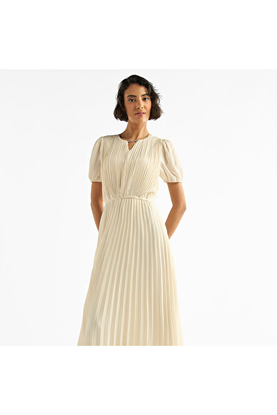 FAV Pleated Keyhole Neck Dress With Puff Sleeves