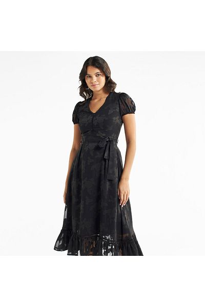 FAV Floral Textured Belted A-line Dress With Puff Sleeves