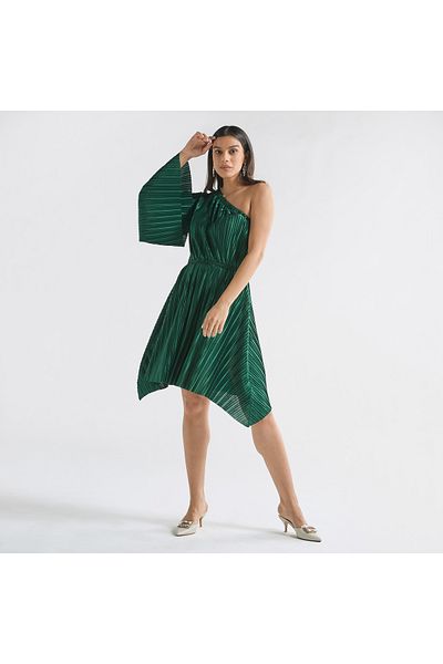 FAV Pleated One Shoulder Knee Dress With Flared Sleeve