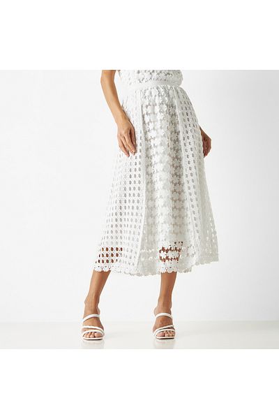 Iconic Floral Lace Textured A-line Midi Skirt With Elasticated Waistband