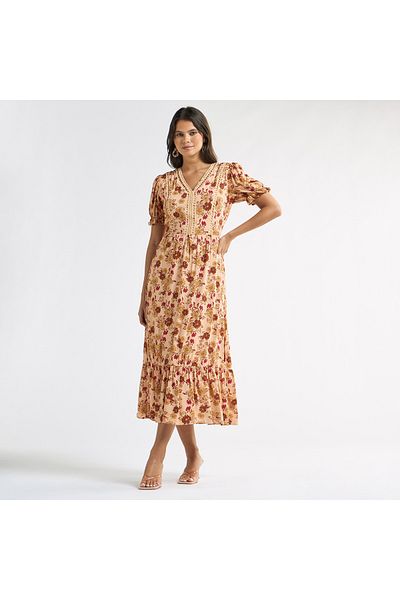 FAV Floral Print A-line Midi Dress With V-neck And Puff Sleeves