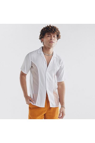 FAV Mesh Panelled Shirt With Camp Collar And Short Sleeves