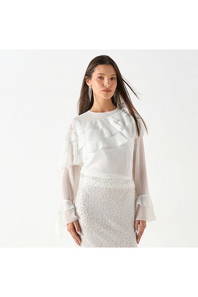 Iconic Textured Top With Long Sleeves And Ruffle Detail