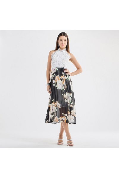FAV Floral Print Halter Neck Midi Dress With Lace Detail