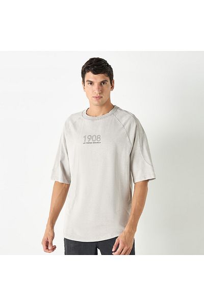 Lee Cooper Typographic Print Oversized T-shirt With Crew Neck And Short Sleeves