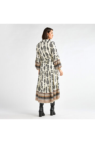 FAV Printed Midi Shirt Dress With Long Sleeves And Tie-up Belt