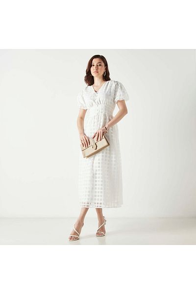 2Xtremz All-over Checked Midi Dress With V-neck And Balloon Sleeves