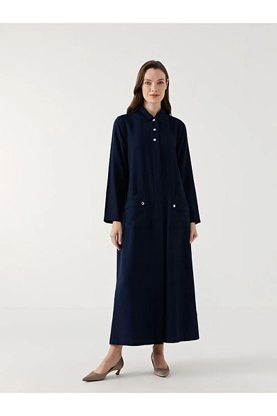 LC Waikiki Lcw Grace Navy Blue Shirt Collar Linen Look Women's Dress