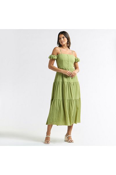 FAV Textured Midi A-line Dress With Cold Shoulder