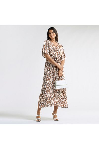 FAV All-over Print V-neck Dress With Tie-ups And Short Sleeves