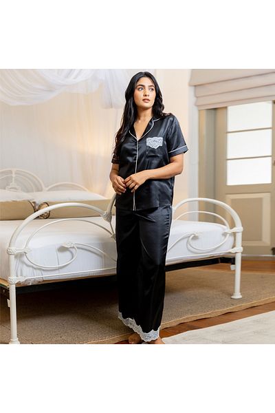Aadaraya Sateen Shirt And Pyjama Set With Lace Detail
