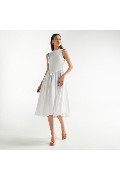 FAV Textured Bodice Flared Midi Sleeveless Dress