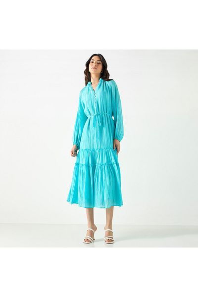 Iconic Floral Accent Tiered Dress With Volume Sleeves
