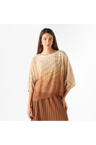 Iconic Pleat Detail Top With Round Neck And Extended Sleeves