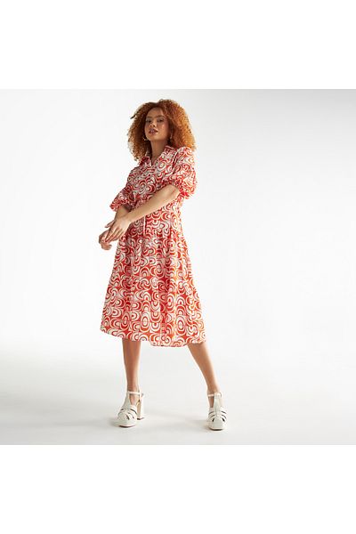 FAV All-over Print Shirt Dress With Tie-up Belt And Balloon Sleeves