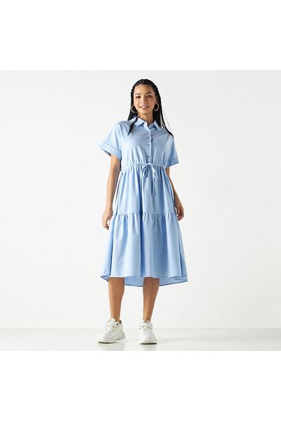 Lee Cooper Tiered Dress With Tie-ups And Drop Shoulder Sleeves