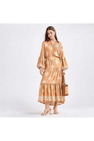 FAV Printed Midi Shirt Dress With Long Sleeves And Tie-up Belt