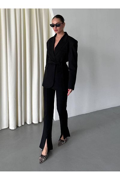 Moda İkra Women's Belted Blazer Jacket Split Pants Suit