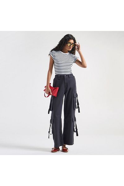 FAV Striped Crew Neck Bodysuit With Extended Sleeves