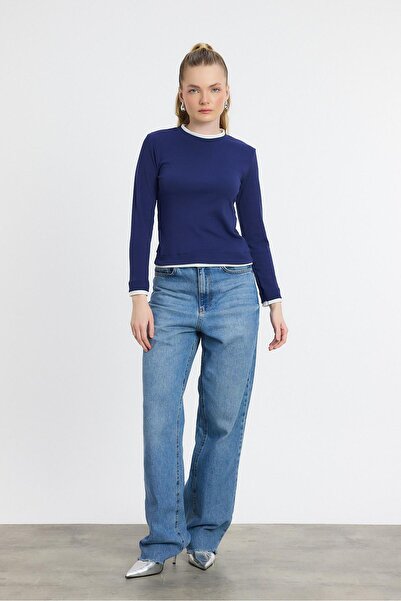 Rays 3011 بلوزة بأكمام طويلة ومضلعة ومفصلة باللون الكحلي