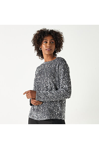 2Xtremz Sequin Embellished Top With Round Neck And Long Sleeves