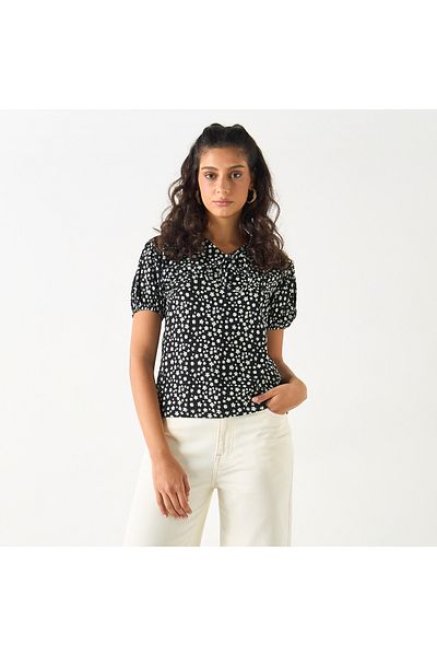 2Xtremz Printed Top With Tie-up Neck And Short Sleeves