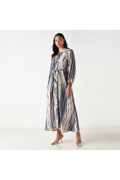 2Xtremz All-over Print Maxi A-line Dress With Mandarin Collar And Tie-ups