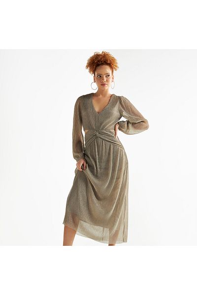 FAV Textured V-neck Dress With Cutout Detail And Long Sleeves