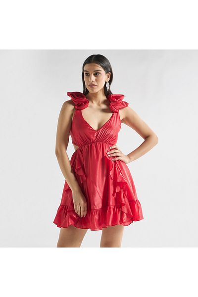 FAV Ruffle Detail Sleeveless Mini Dress With Bow Accent