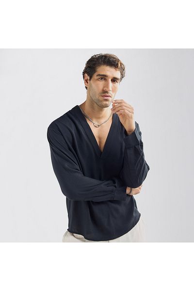 FAV Relaxed Fit Shirt With V-neck And Long Sleeves
