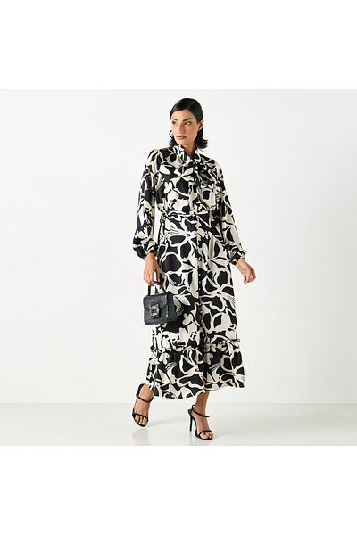 2Xtremz All-over Floral Print Maxi A-line Belted Dress With Neck Tie-ups