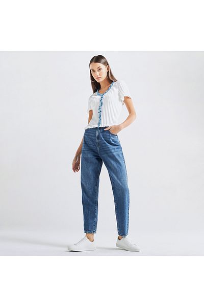 FAV Textured V-neck Top With Ruffles And Short Sleeves