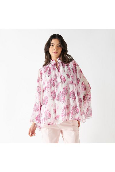 Iconic All-over Floral Print Top With Mandarin Neck And Tie-ups