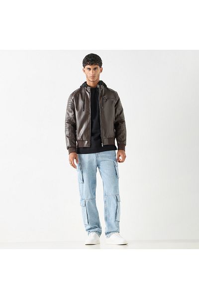 Lee Cooper سترة راكبي الدراجات النارية ذات السحاب الصلب مع غطاء للرأس وجيوب