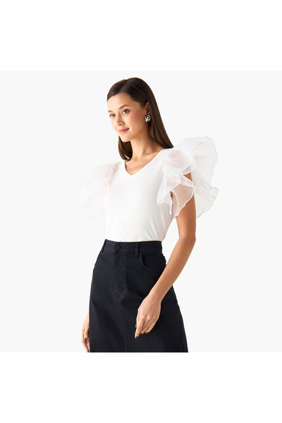 2Xtremz Textured V-neck Top With Layered Sleeves