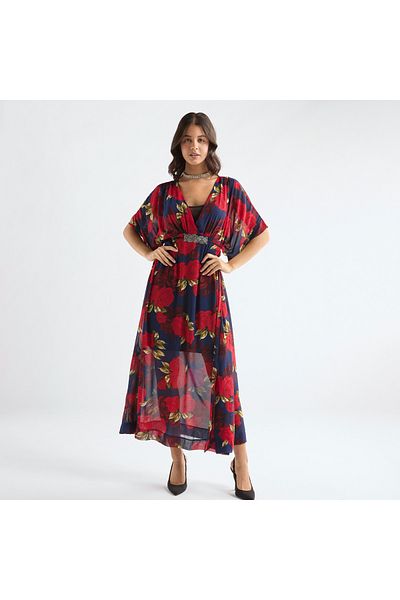 FAV All-over Floral Print V-neck Dress With Tie-up Belt